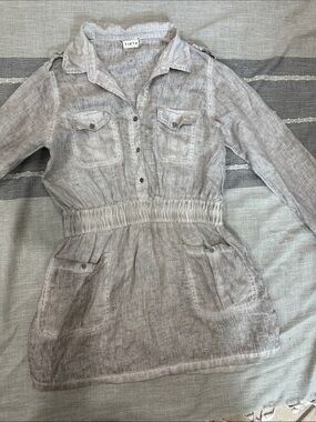 Light Gray Long-Sleeve Linen Shirt Dress with Elastic Waist